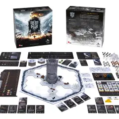 Zestaw do gry planszowej Frostpunk: Miasto musi przetrwać. Widać planszę, wieżę, karty, znaczniki i pudełka.